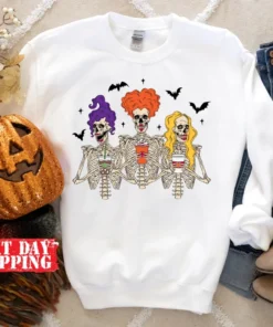 Sanderson Sisters Skeleton With Coffee Halloween Tee Shirt