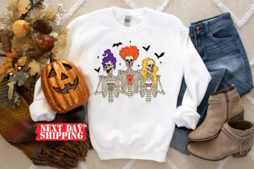 Sanderson Sisters Skeleton With Coffee Halloween Tee Shirt