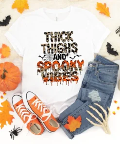 Thick Thighs and Spooky Vibes Leopard Print Halloween T-Shirt