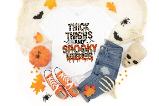 Thick Thighs and Spooky Vibes Leopard Print Halloween T-Shirt