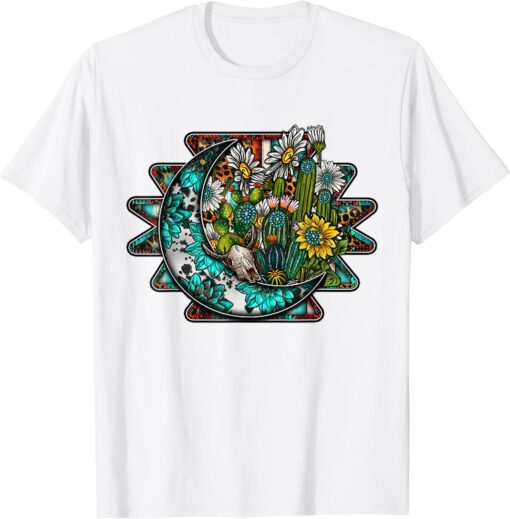 Western Country Boho Cactus Sunflower Aztec Moon Tee Shirt