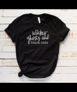 Witchy Ghost And Black Cat Halloween Tee Shirt