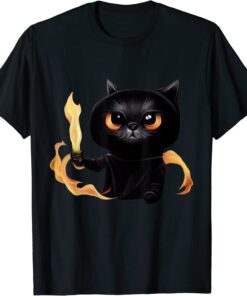 Black Cute Cat Wizard With Power Of Fire For Animal Lovers Tee Shirt