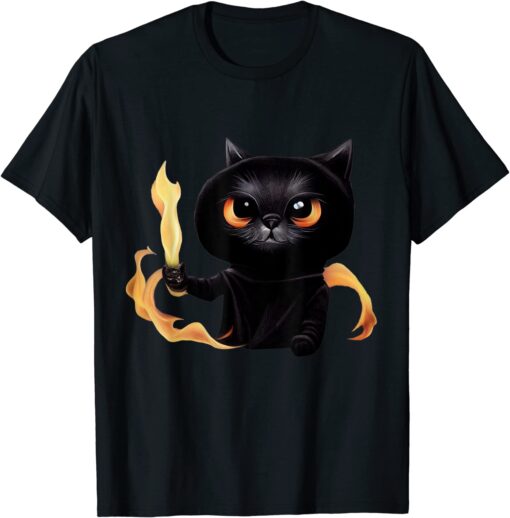 Black Cute Cat Wizard With Power Of Fire For Animal Lovers Tee Shirt