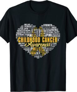 Childhood Cancer Awarenes Warriors Heart Gold Ribbon Words Tee Shirt