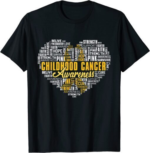 Childhood Cancer Awarenes Warriors Heart Gold Ribbon Words Tee Shirt