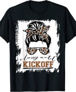 Classy Until Kickoff Bleached Messy Bun Leopard Football Mom T-Shirt