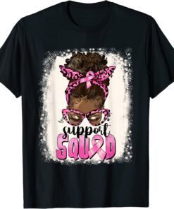 Cute Afro Messy Bun Breast Cancer Support Squad Pink Ribbon Tee Shirt