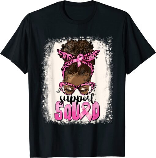 Cute Afro Messy Bun Breast Cancer Support Squad Pink Ribbon Tee Shirt