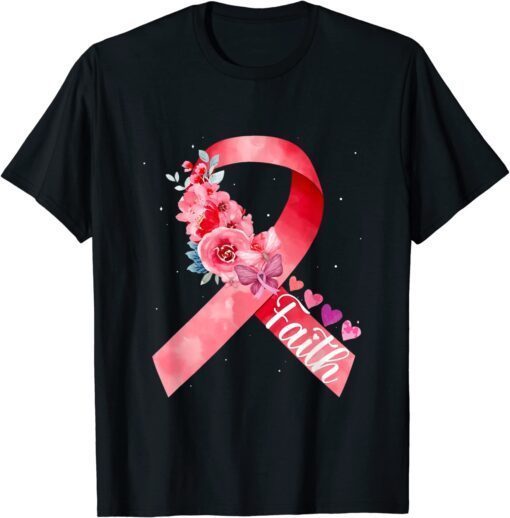 Faith Pink Ribbon Flowers Breast Cancer Awareness Tee Shirt