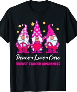 Gnome Peace Love Cure Pink Ribbon Breast Cancer Awareness Tee Shirt