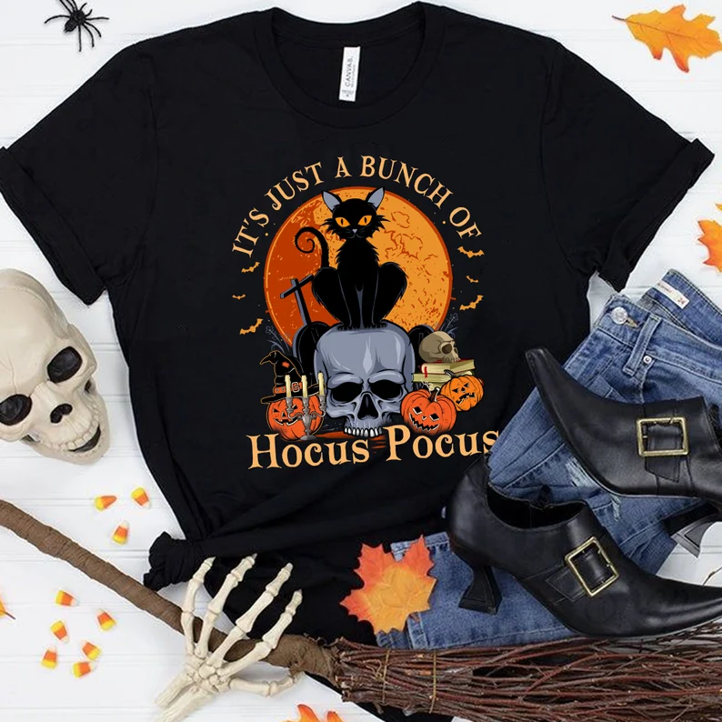 Halloween Black Cat It’s Just A Bunch Of Hocus Pocus Tee Shirt Halloween Black Cat It's Just A Bunch Of Hocus Pocus Tee Shirt