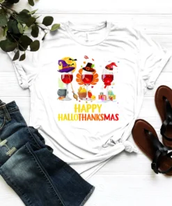 Happy HalloThanksMas Wine Tee Shirt