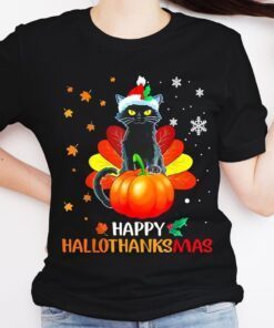 Happy Hallothanksmas Black Cat Halloween Thanksgiving Christmas Tee Shirt