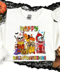 Happy Hallothanksmas Thanksgiving Christmas Halloween Tee Shirt