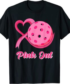 Heart Ribbon Pickleball Pink Out Breast Cancer Awareness Tee Shirt
