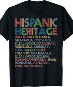 Hispanic Heritage Month Latino All Countries Names Tee Shirt