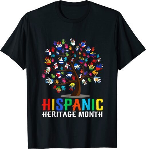 Hispanic Heritage Month Latino Countries Hand Flag Tree Root Tee Shirt