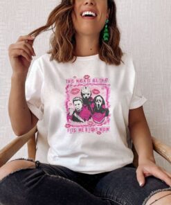 Horror Characters Pink Horror Friends Jason Voorhees , Michael Myers Halloween Tee Shirt