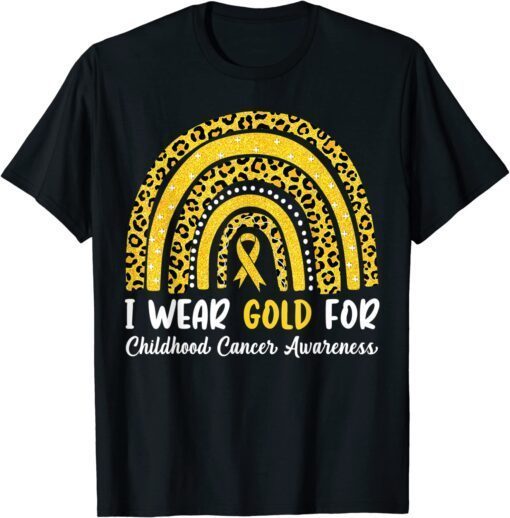 I Wear Gold For Childhood Cancer Awareness Rainbow Leopard T-Shirt