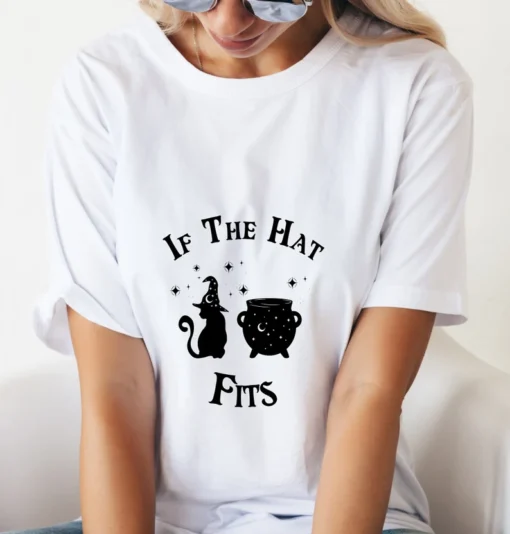 If the hat Fits cute cat and cauldron Halloween Tee Shirt