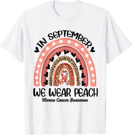 In September We Wear Peach Leopard Rainbow Uterine Cancer Tee Shirt