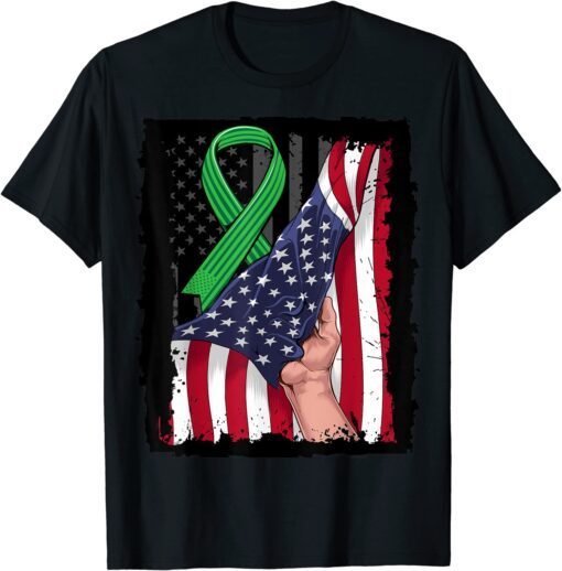 Kidney Disease Awareness American Flag Green Ribbon Tee Shirt