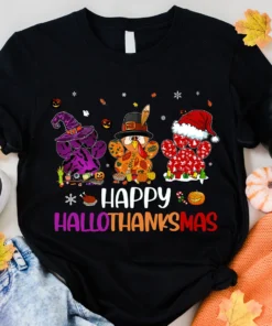 Paw Prints Happy HalloThanksMas Halloween Thanksgiving Christmas Dog Tee Shirt