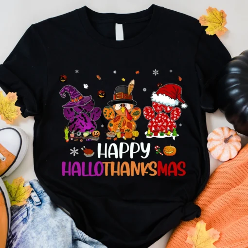 Paw Prints Happy HalloThanksMas Halloween Thanksgiving Christmas Dog Tee Shirt