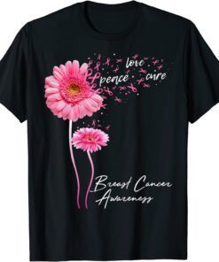 Peace Love Cure Pink Ribbon Daisy Breast Cancer Awareness Tee Shirt