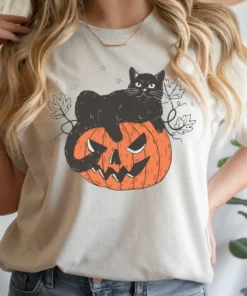 Pumpkin and Black Cat Halloween Tee Shirt