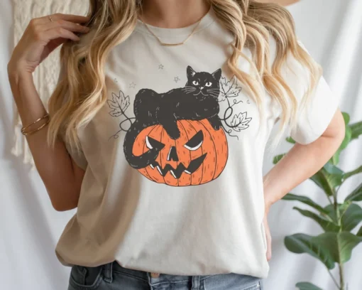 Pumpkin and Black Cat Halloween Tee Shirt