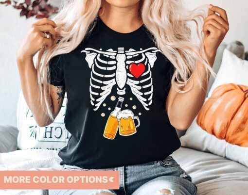 Skeleton Costume Halloween Beer Xray Matching Family Dad Tee Shirt