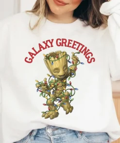 Baby Groot Galaxy Greetings Christmas Light Tee Shirt
