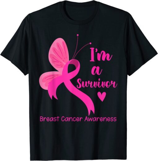 Butterfly Ribbon Pink I'm A Survivor Breast Cancer Awareness Tee Shirt