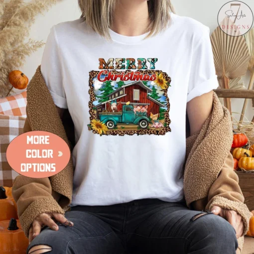 Country Red Barn Farm Animals Cow Chicken Merry Christmas Tee shirt