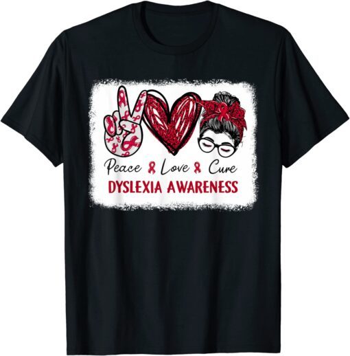 Dyslexia Awareness Red Ribbon Heart Peace Love Cure Tee Shirt