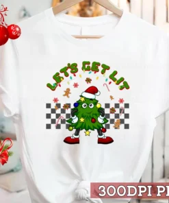 Groovy Let's Get Lit Christmas Tree Xmas Lights Tee Shirt
