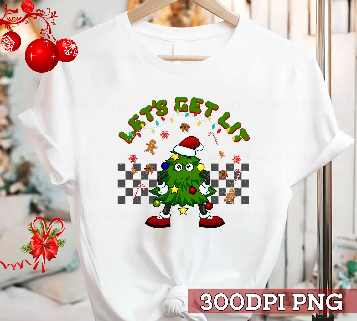 Groovy Let’s Get Lit Christmas Tree Xmas Lights Tee Shirt Groovy Let's Get Lit Christmas Tree Xmas Lights Tee Shirt