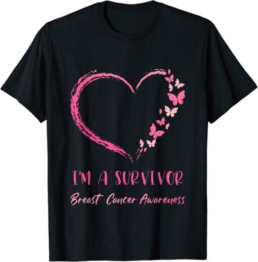 I'm A Survivor Breast Cancer Awareness Heart Butterflies Tee Shirt