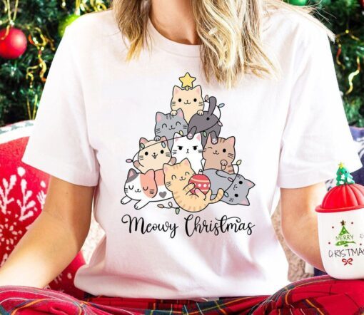 Meowy Christmas Cat Lover Christmas Tree Tee Shirt