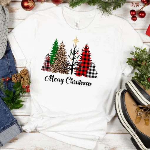 Merry Christmas Buffalo Plaid Leopard Print Christmas Trees Tee shirt