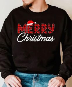 Merry Christmas Buffalo Plaid Red Santa Hat Xmas Pajamas Tee Shirt