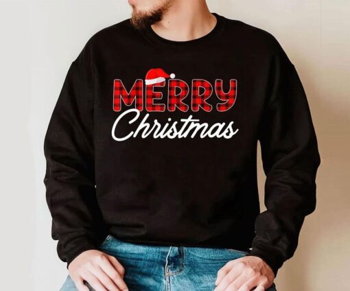 Merry Christmas Buffalo Plaid Red Santa Hat Xmas Pajamas Tee Shirt