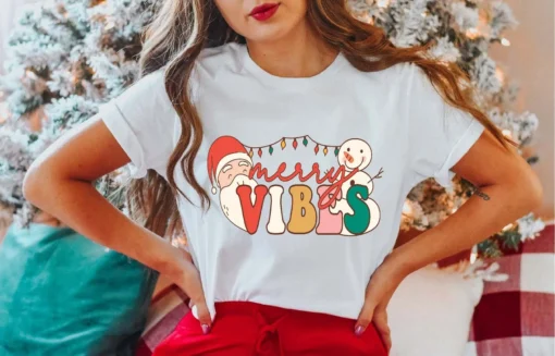 Merry Vibes Santa Claus Christmas Tee Shirt