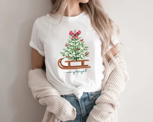 Merry and Bright Christmas Tree Tee Shirt