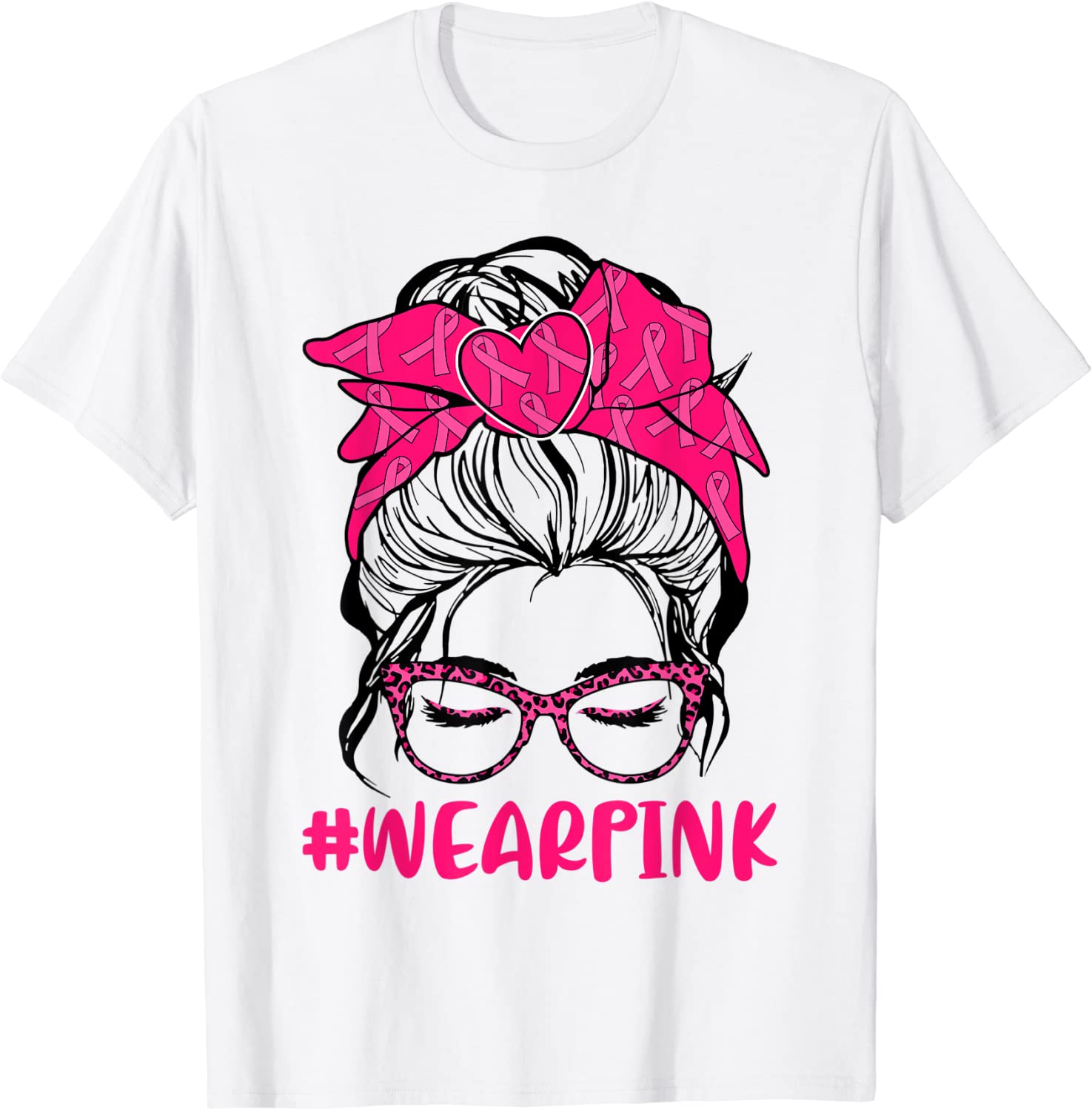 Messy Bun Women Glasses Wear Pink Breast Cancer Awareness Tee Shirt Shirtelephant Office