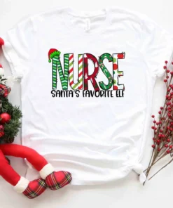 Nurse Santa's Favorite Elf Merry Christmas Tee Shirt