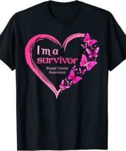 Pink Butterfly Heart I'm A Survivor Breast Cancer Awareness Tee Shirt