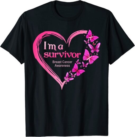 Pink Butterfly Heart I'm A Survivor Breast Cancer Awareness Tee Shirt